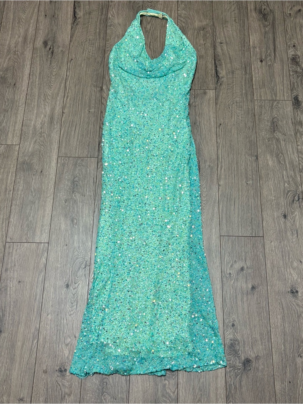 beautiful aqua turquoise sequined sparkly halter prom dress maxi large